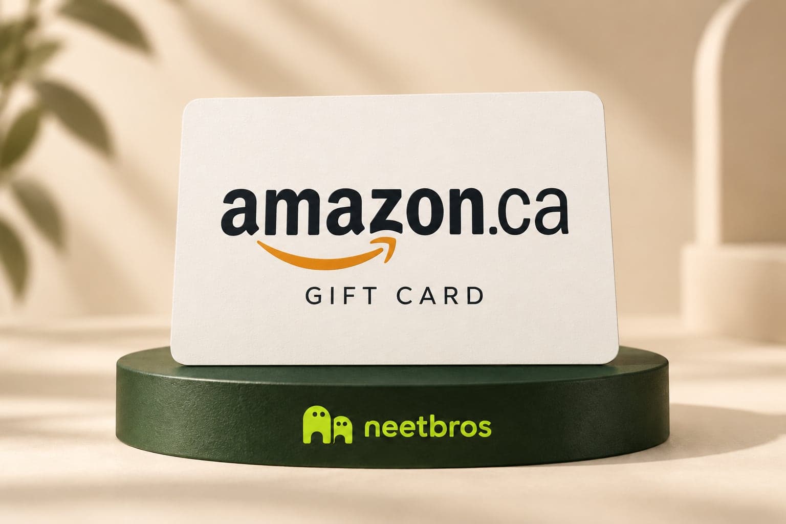 Amazon.ca gift-card illustration with merchant logo on a neetbros display