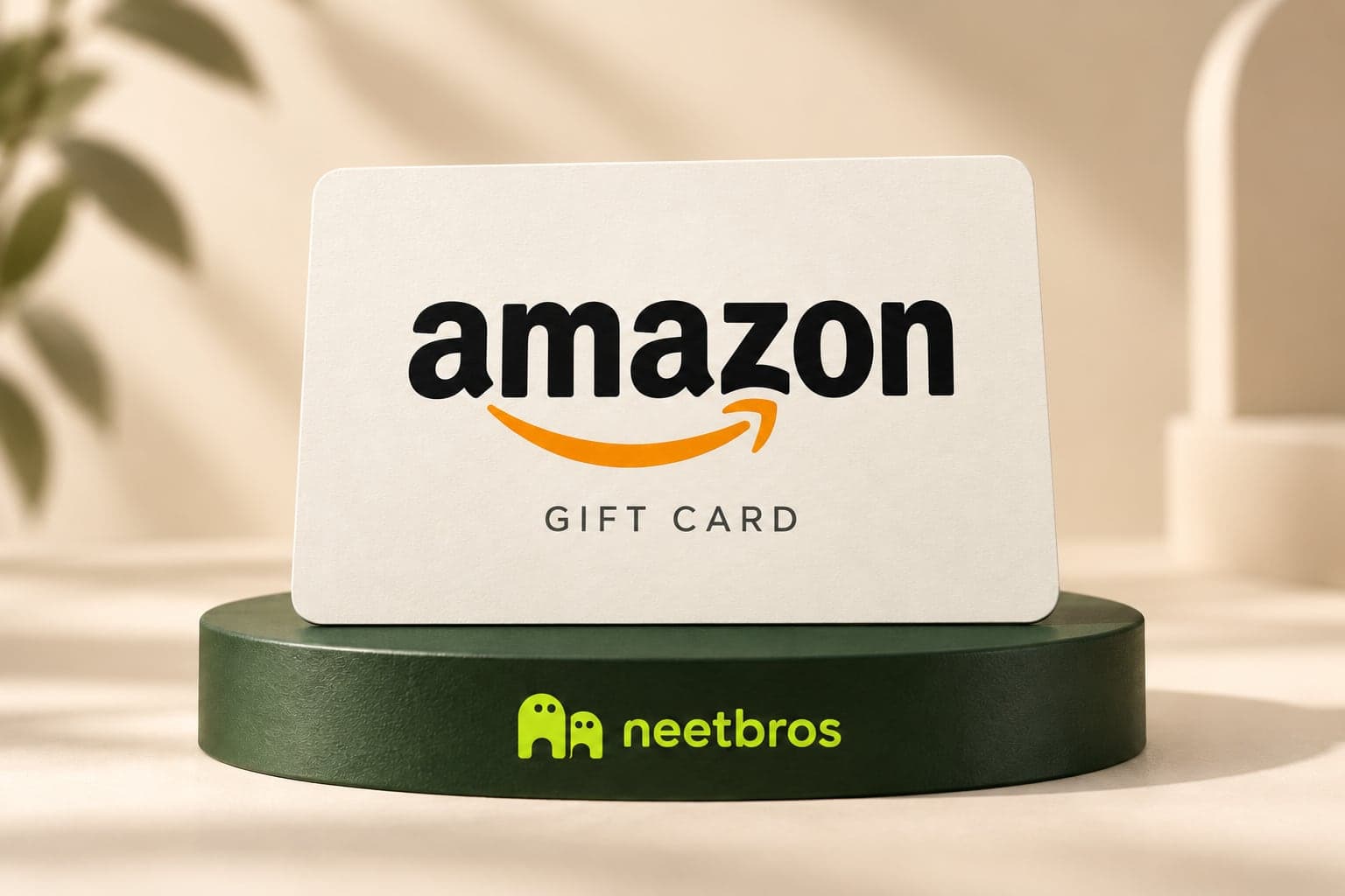 Amazon gift-card illustration with merchant logo on a neetbros display
