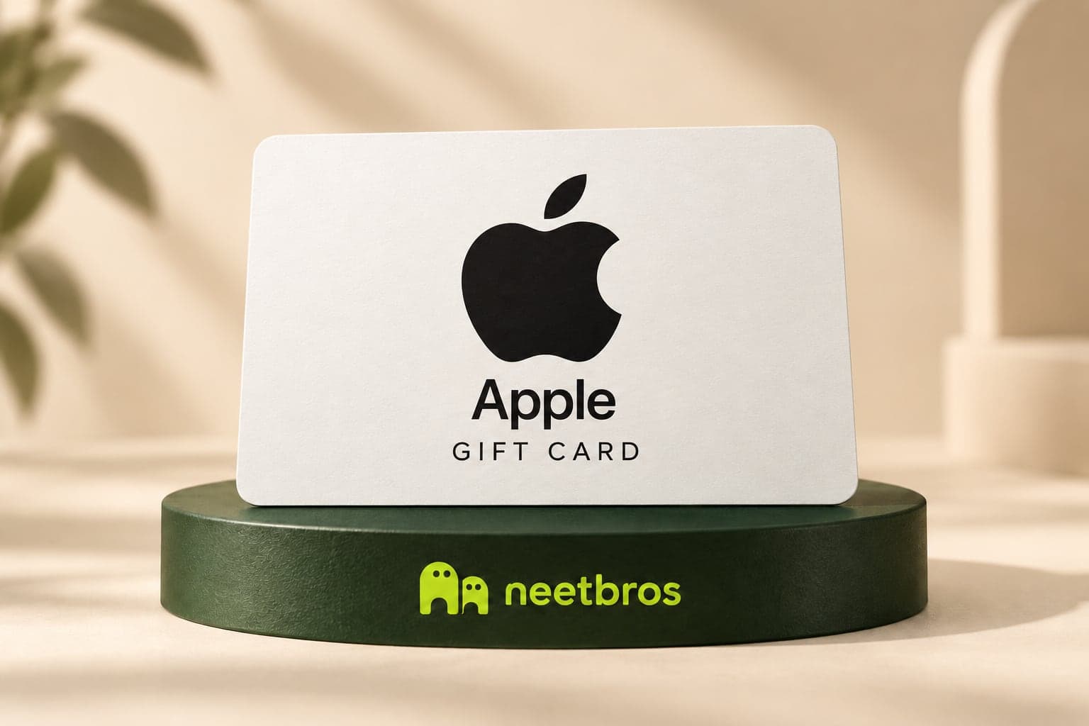 Apple gift-card illustration with merchant logo on a neetbros display