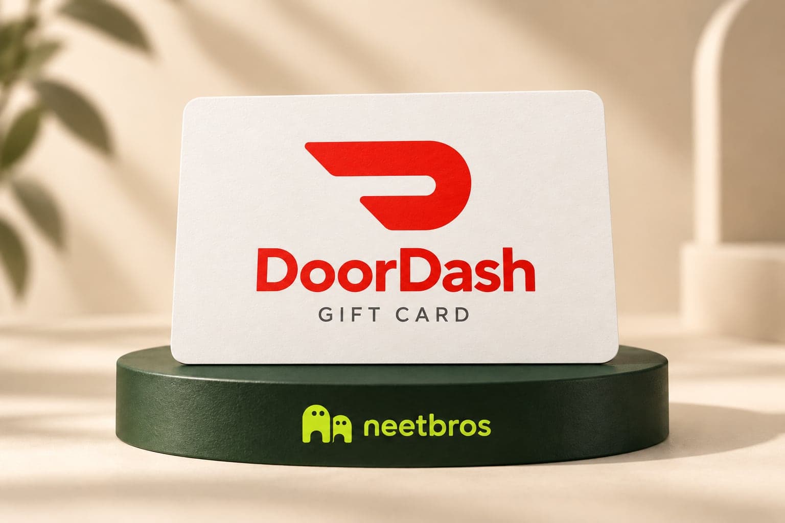 DoorDash gift-card illustration with merchant logo on a neetbros display