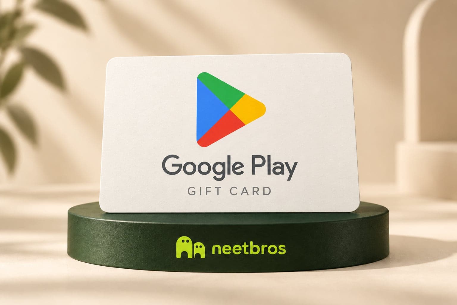 Google Play gift-card illustration with merchant logo on a neetbros display