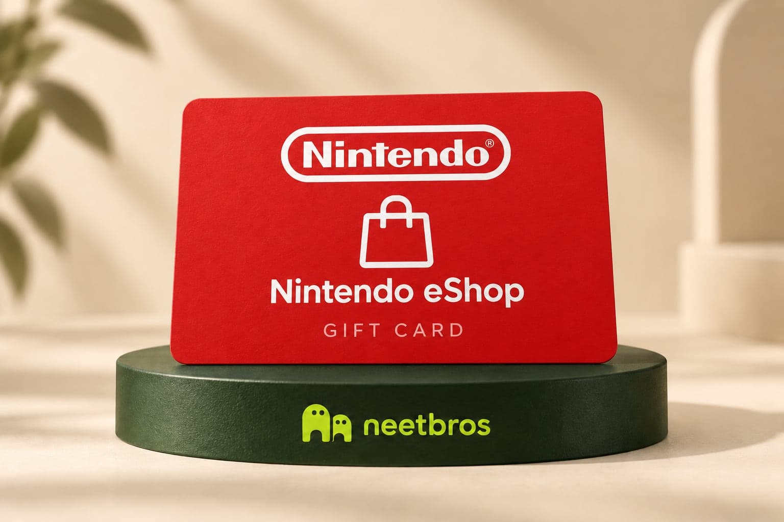 Nintendo eShop gift-card illustration with merchant logo on a neetbros display