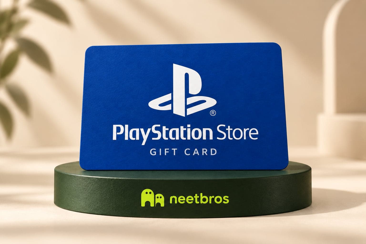 PlayStation Store gift-card illustration with merchant logo on a neetbros display
