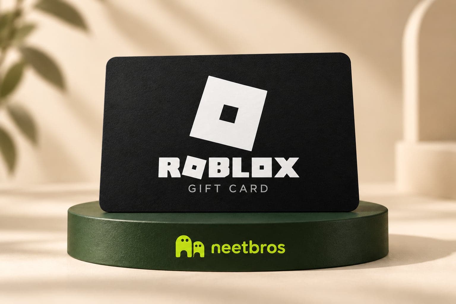 Roblox gift-card illustration with merchant logo on a neetbros display