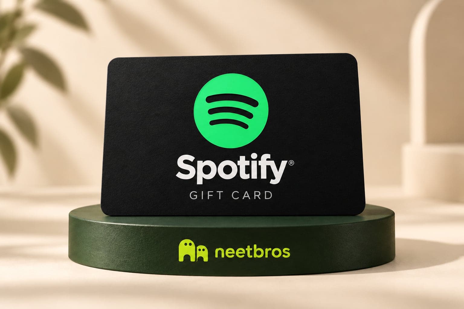 Spotify gift-card illustration with merchant logo on a neetbros display