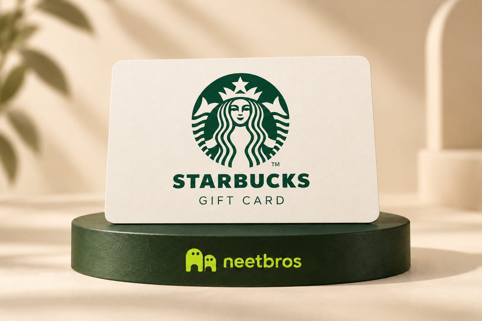 Starbucks gift-card illustration with merchant logo on a neetbros display