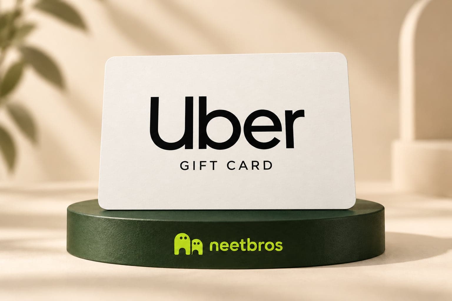 Uber gift-card illustration with merchant logo on a neetbros display