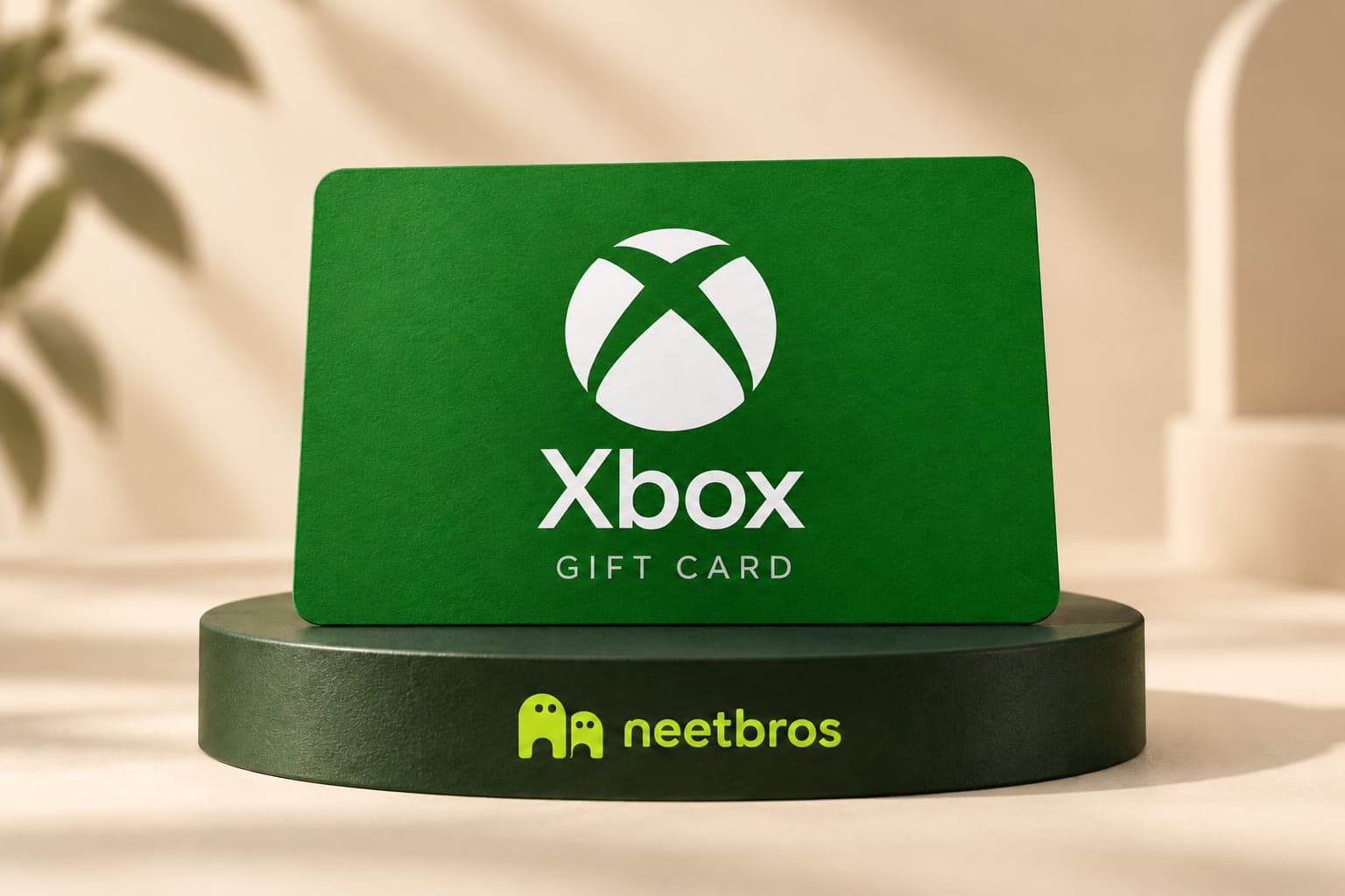 Xbox gift-card illustration with merchant logo on a neetbros display