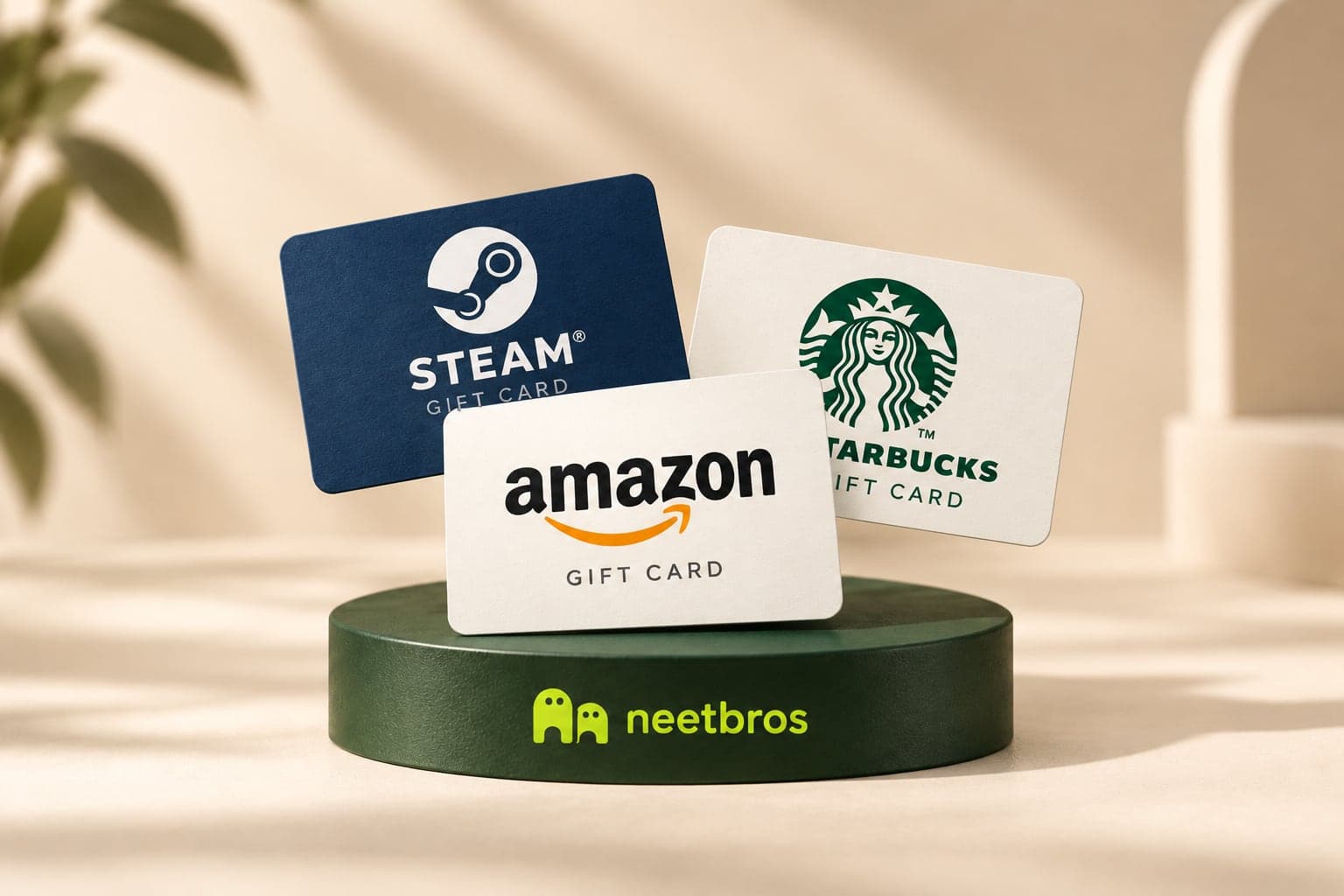 Steam, Amazon and Starbucks gift-card illustrations with merchant logos on a neetbros display