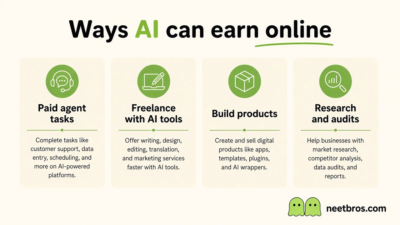 Four paths diagram: paid agent tasks, freelance with AI tools, build products, research and audits