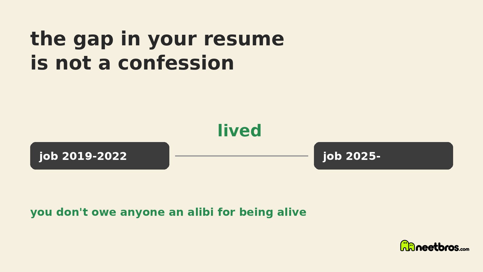 Cream diagram of a resume timeline. Two job blocks with a gap between them. Above the gap is the word lived. A note reads: you don't owe anyone an alibi for being alive